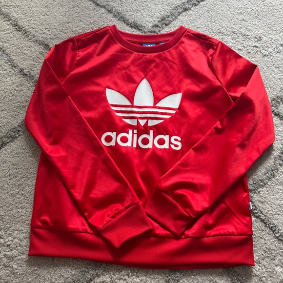 Adidas pullover red white crewneck sweatshirt lightweight slick shiny XS - Picture 1 of 5